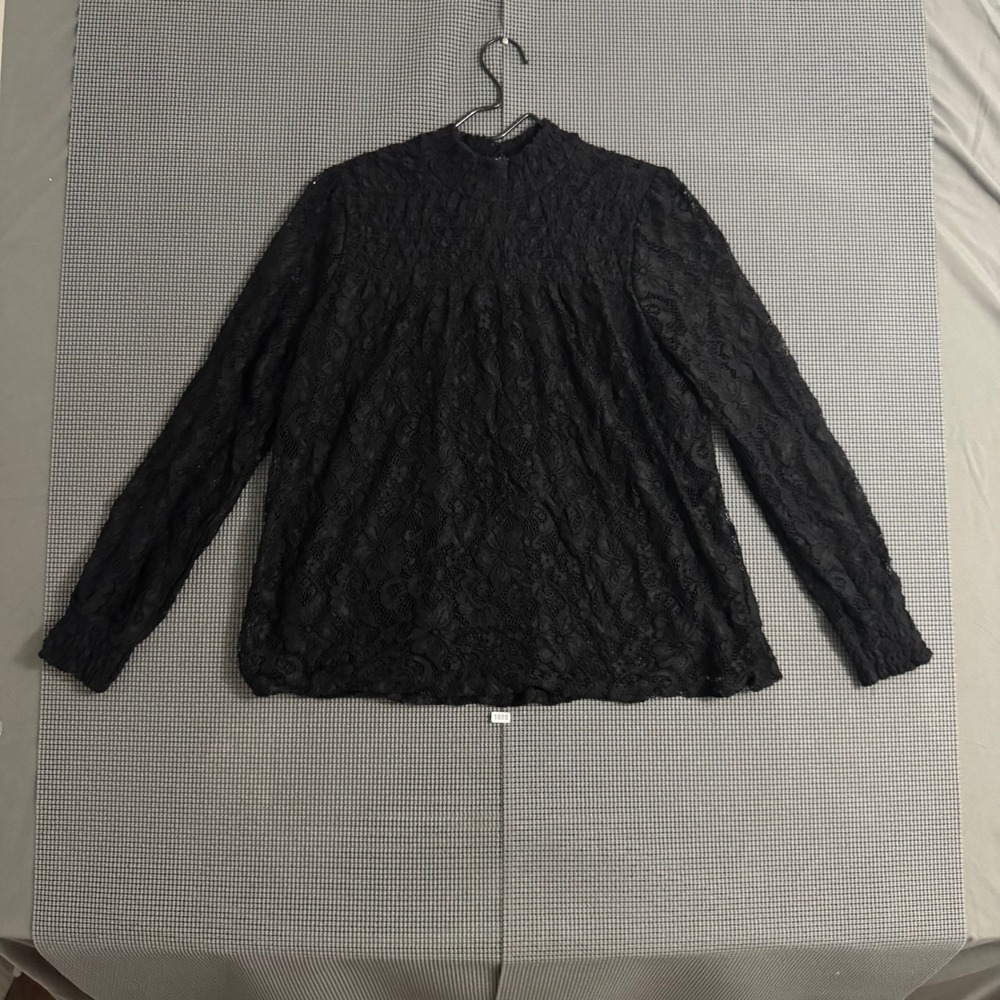 Cable & Gauge Womens Black Floral Lace Mock Neck Long Sleeve Blouse Large